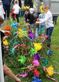 Kinder beim Maibaum schmcken